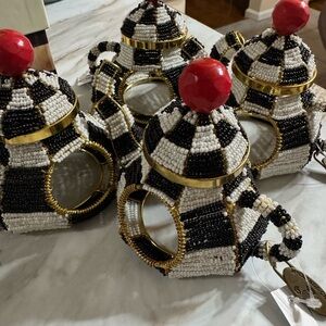 MacKenzie-Childs Black and White Beaded Teapot Napkin Rings with Red Accents